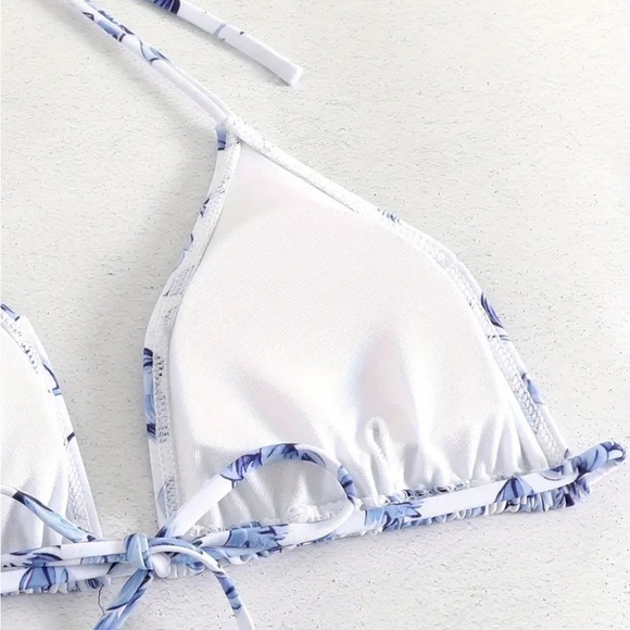White & Blue Floral Print 3pc Bikini Swimsuit Set - Picture 5 of 9